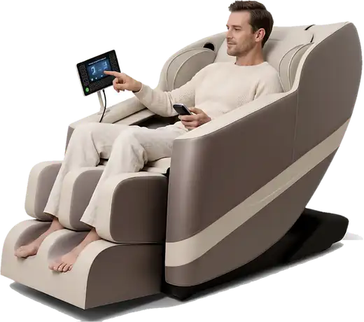 Persona relajándose en el sillón de masaje NUBE HOME mientras usa el control táctil